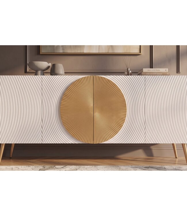 Invicta Interior Dressoir AURUM 180cm gestructureerde voorkant gouden cirkelaccent wit mangohout gouden metalen poten - 49520