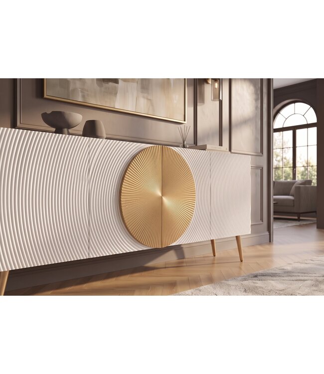 Invicta Interior Dressoir AURUM 180cm gestructureerde voorkant gouden cirkelaccent wit mangohout gouden metalen poten - 49520