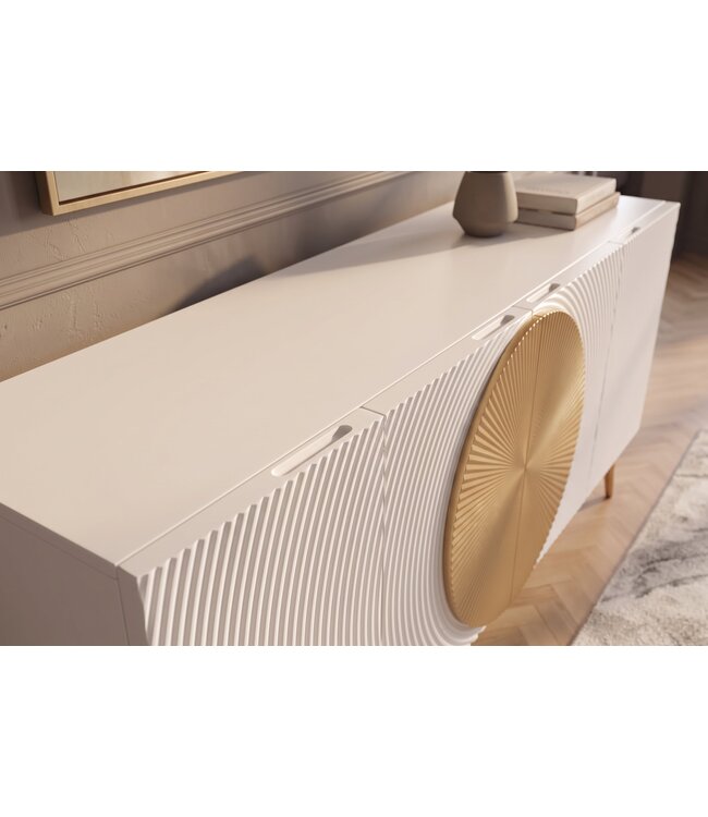 Invicta Interior Dressoir AURUM 180cm gestructureerde voorkant gouden cirkelaccent wit mangohout gouden metalen poten - 49520