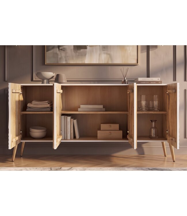 Invicta Interior Dressoir AURUM 180cm gestructureerde voorkant gouden cirkelaccent wit mangohout gouden metalen poten - 49520