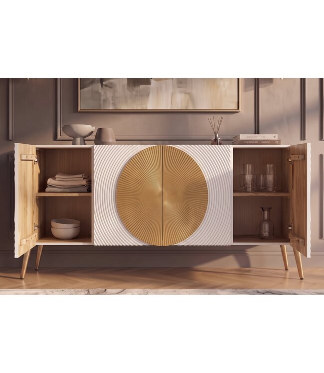 Invicta Interior Dressoir AURUM 180cm gestructureerde voorkant gouden cirkelaccent wit mangohout gouden metalen poten - 49520