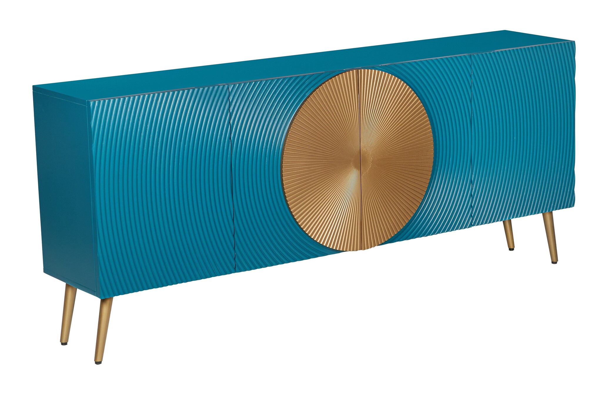 Dressoir AURUM 180cm gestructureerd front gouden cirkelaccent turquoise mangohout gouden metalen poten - 49521