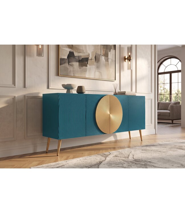 Invicta Interior Dressoir AURUM 180cm gestructureerd front gouden cirkelaccent turquoise mangohout gouden metalen poten - 49521
