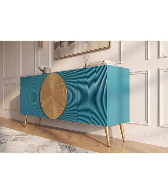 Invicta Interior Dressoir AURUM 180cm gestructureerd front gouden cirkelaccent turquoise mangohout gouden metalen poten - 49521