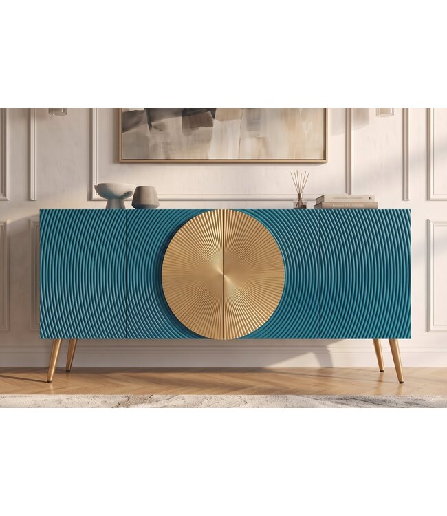 Invicta Interior Dressoir AURUM 180cm gestructureerd front gouden cirkelaccent turquoise mangohout gouden metalen poten - 49521