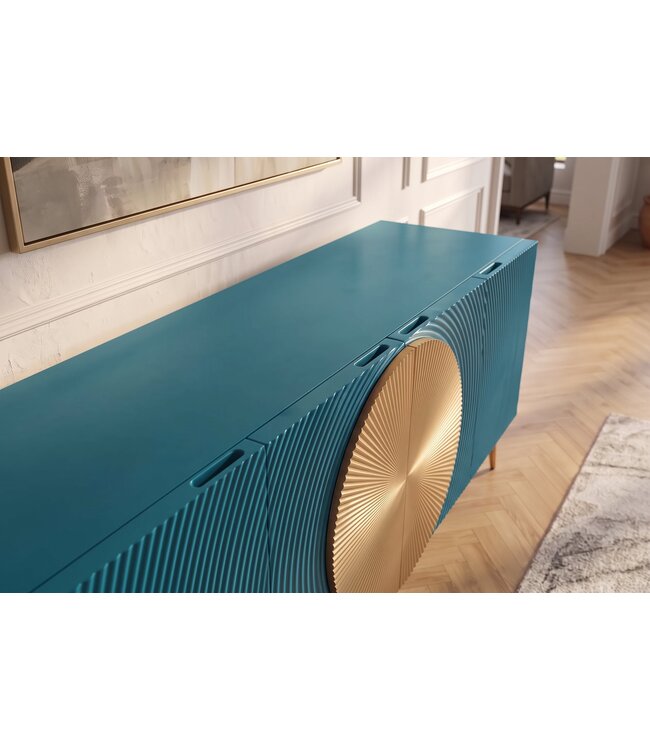 Invicta Interior Dressoir AURUM 180cm gestructureerd front gouden cirkelaccent turquoise mangohout gouden metalen poten - 49521