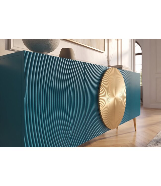 Invicta Interior Dressoir AURUM 180cm gestructureerd front gouden cirkelaccent turquoise mangohout gouden metalen poten - 49521