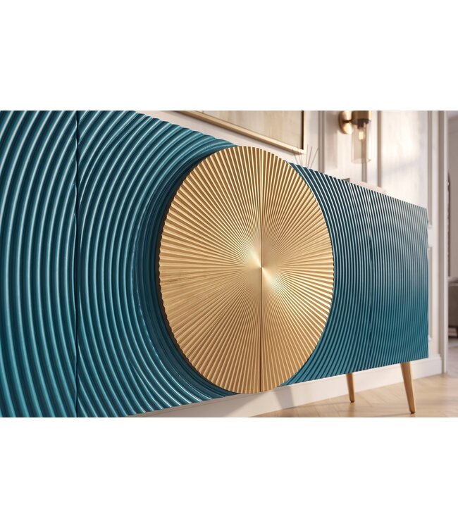 Invicta Interior Dressoir AURUM 180cm gestructureerd front gouden cirkelaccent turquoise mangohout gouden metalen poten - 49521