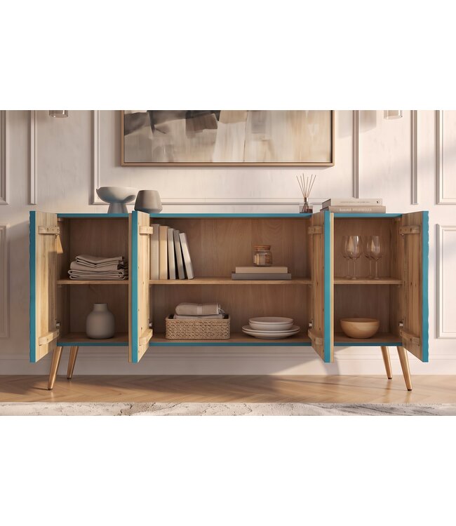Invicta Interior Dressoir AURUM 180cm gestructureerd front gouden cirkelaccent turquoise mangohout gouden metalen poten - 49521