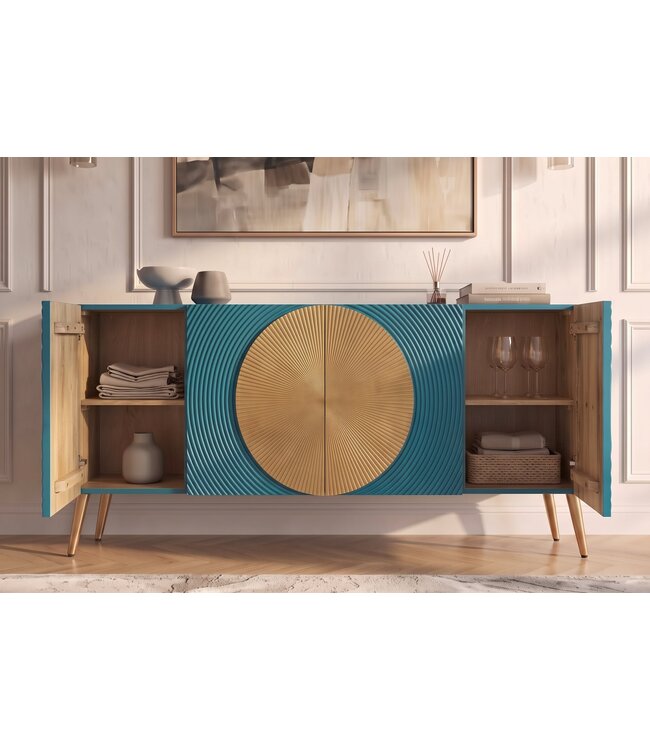 Invicta Interior Dressoir AURUM 180cm gestructureerd front gouden cirkelaccent turquoise mangohout gouden metalen poten - 49521