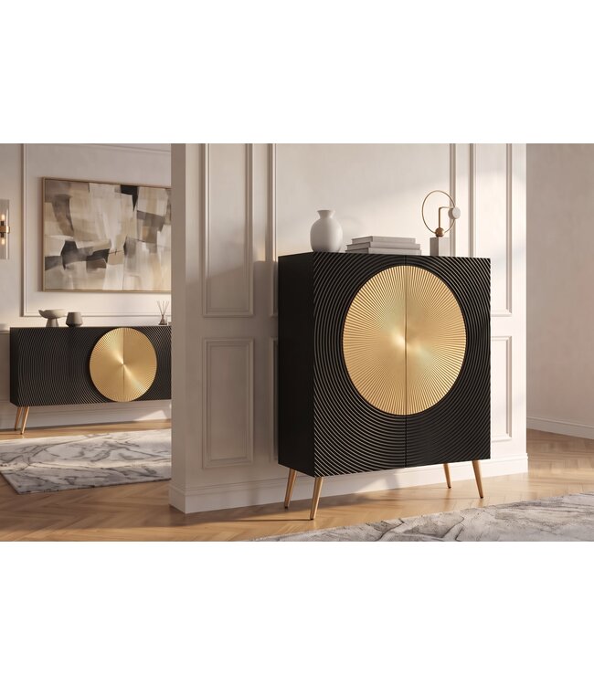 Invicta Interior Highboard AURUM 120cm getextureerde front goudcirkelaccent zwart mangowood goudmetalen poten - 49592