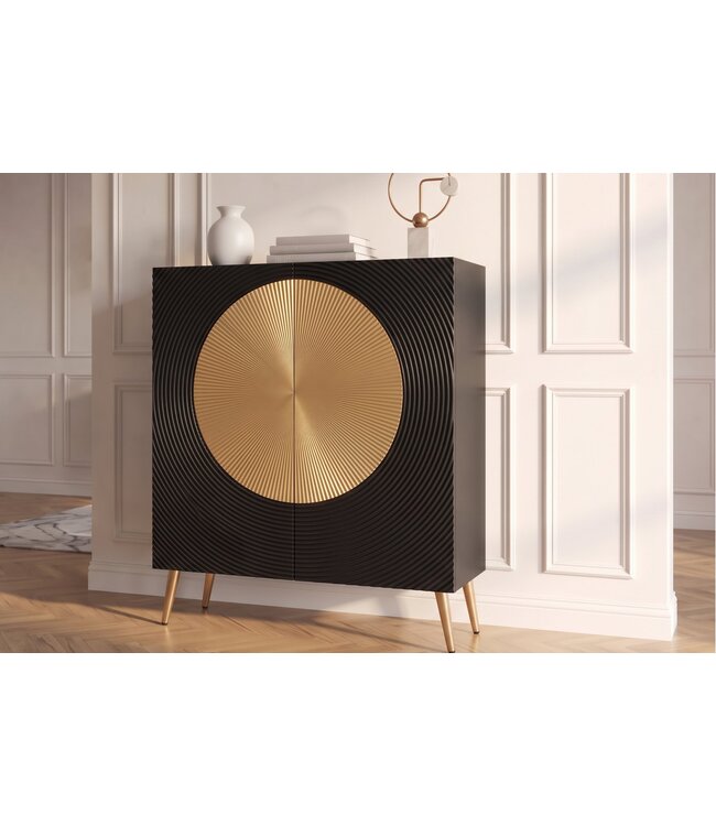 Invicta Interior Highboard AURUM 120cm getextureerde front goudcirkelaccent zwart mangowood goudmetalen poten - 49592