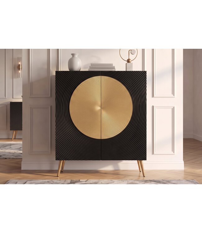 Invicta Interior Highboard AURUM 120cm getextureerde front goudcirkelaccent zwart mangowood goudmetalen poten - 49592