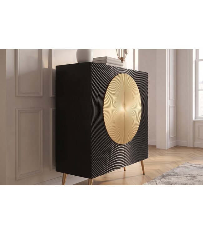 Invicta Interior Highboard AURUM 120cm getextureerde front goudcirkelaccent zwart mangowood goudmetalen poten - 49592
