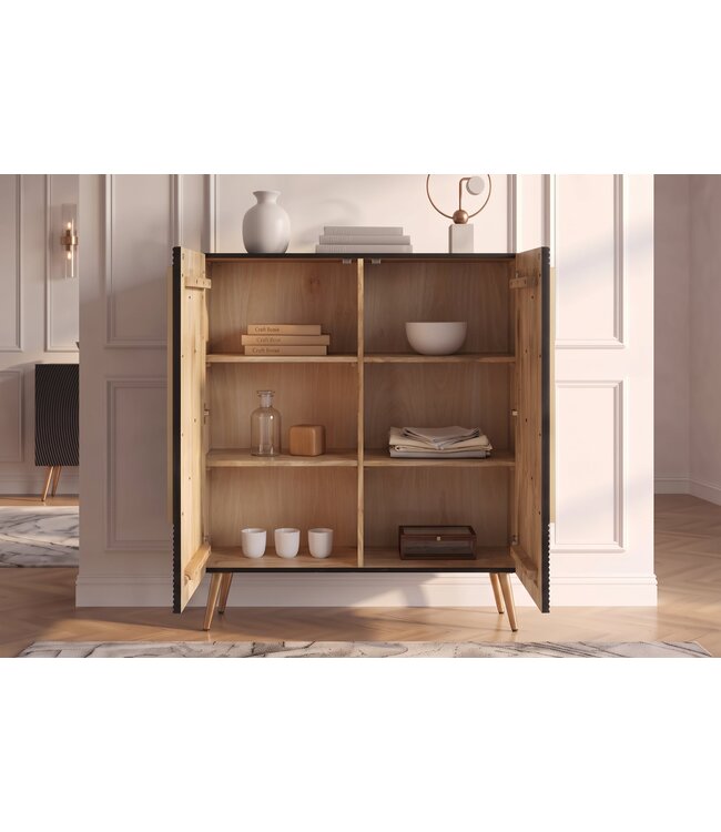 Invicta Interior Highboard AURUM 120cm getextureerde front goudcirkelaccent zwart mangowood goudmetalen poten - 49592