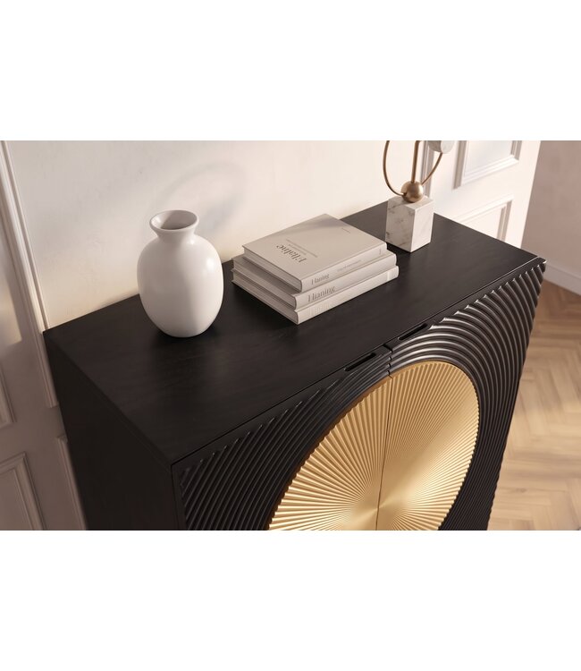 Invicta Interior Highboard AURUM 120cm getextureerde front goudcirkelaccent zwart mangowood goudmetalen poten - 49592