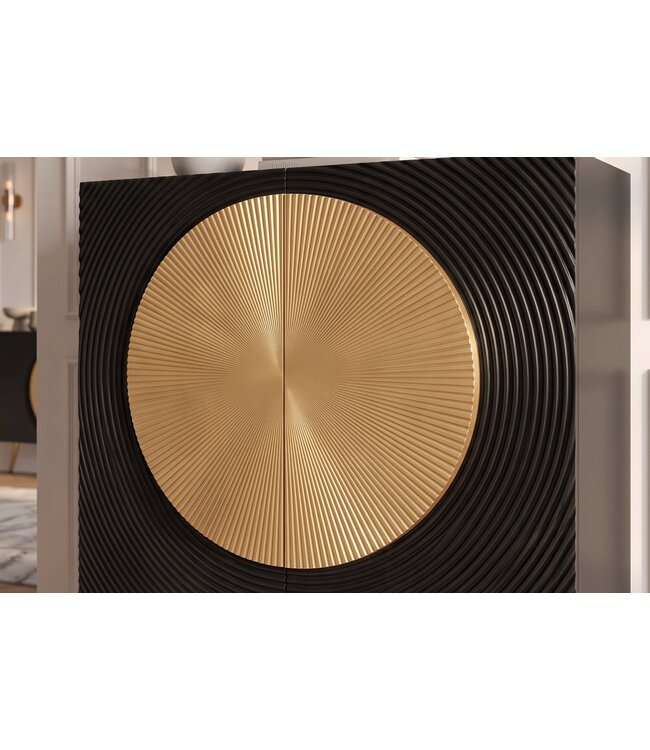 Invicta Interior Highboard AURUM 120cm getextureerde front goudcirkelaccent zwart mangowood goudmetalen poten - 49592
