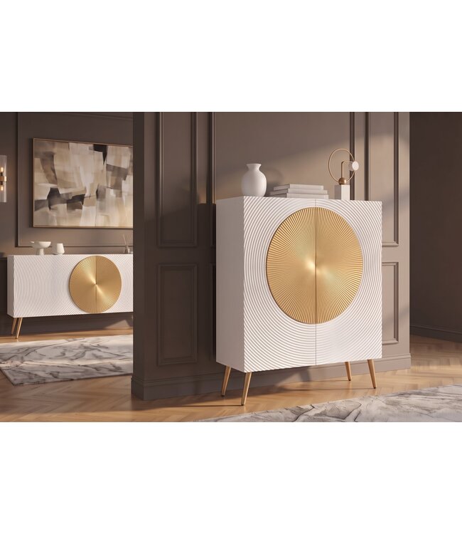Invicta Interior Highboard AURUM 120cm textured front goudcirkelaccent wit mangohout goudmetalen poten - 49593