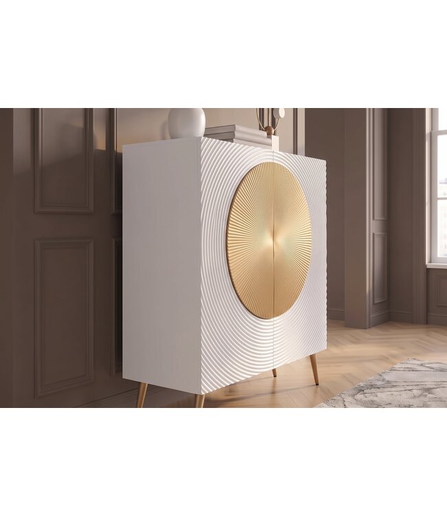 Invicta Interior Highboard AURUM 120cm textured front goudcirkelaccent wit mangohout goudmetalen poten - 49593