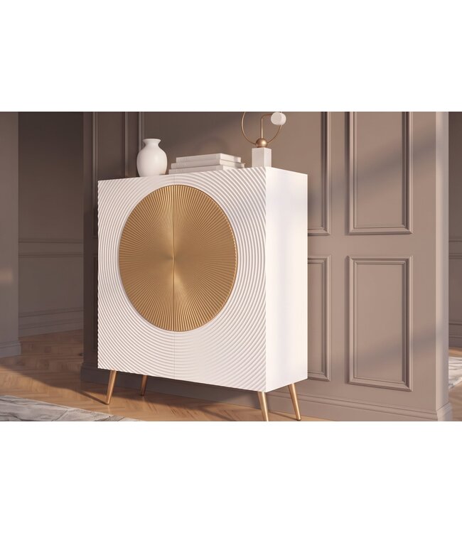 Invicta Interior Highboard AURUM 120cm textured front goudcirkelaccent wit mangohout goudmetalen poten - 49593
