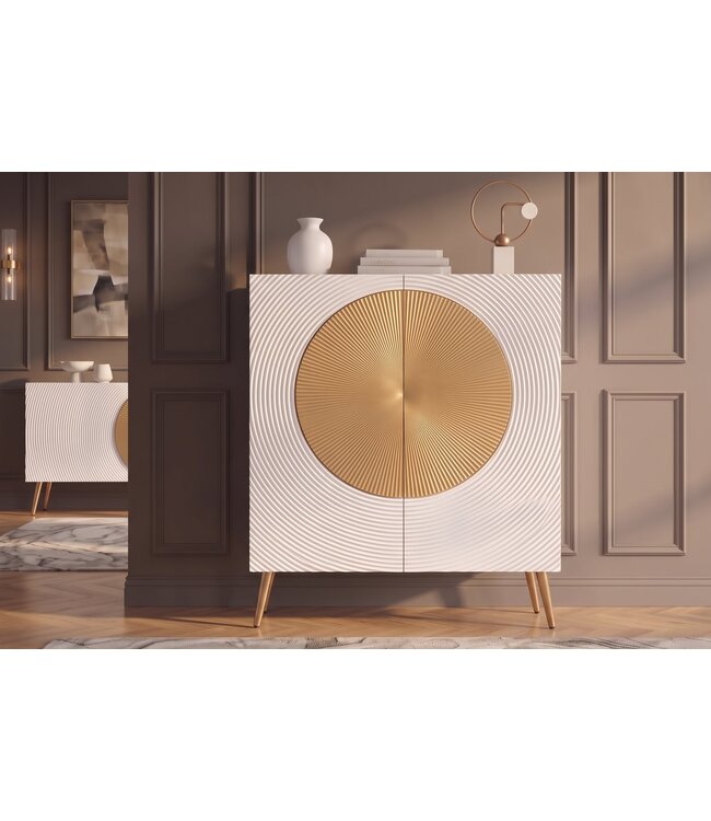 Invicta Interior Highboard AURUM 120cm textured front goudcirkelaccent wit mangohout goudmetalen poten - 49593