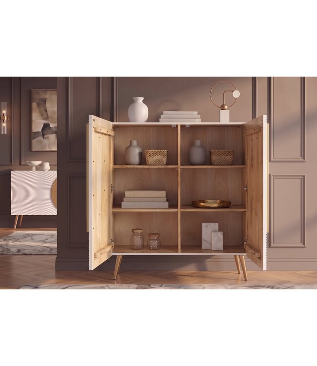 Invicta Interior Highboard AURUM 120cm textured front goudcirkelaccent wit mangohout goudmetalen poten - 49593