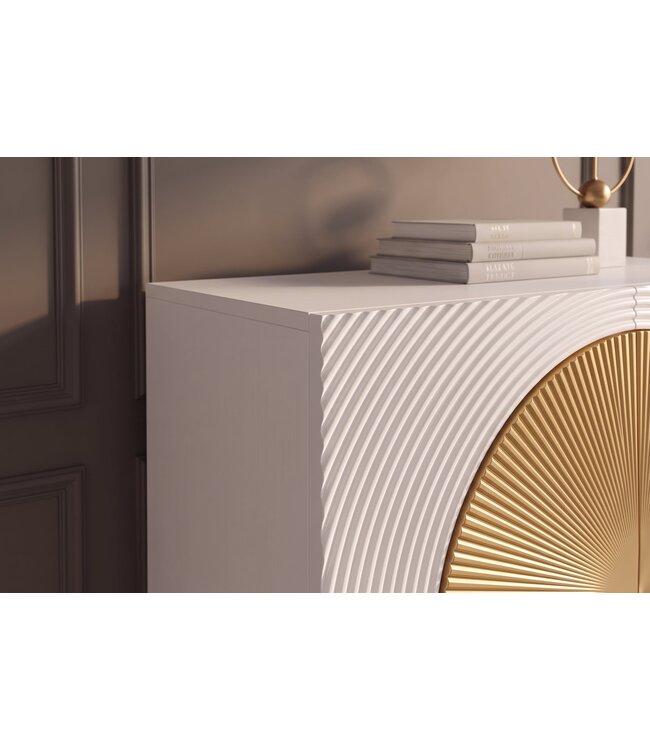 Invicta Interior Highboard AURUM 120cm textured front goudcirkelaccent wit mangohout goudmetalen poten - 49593
