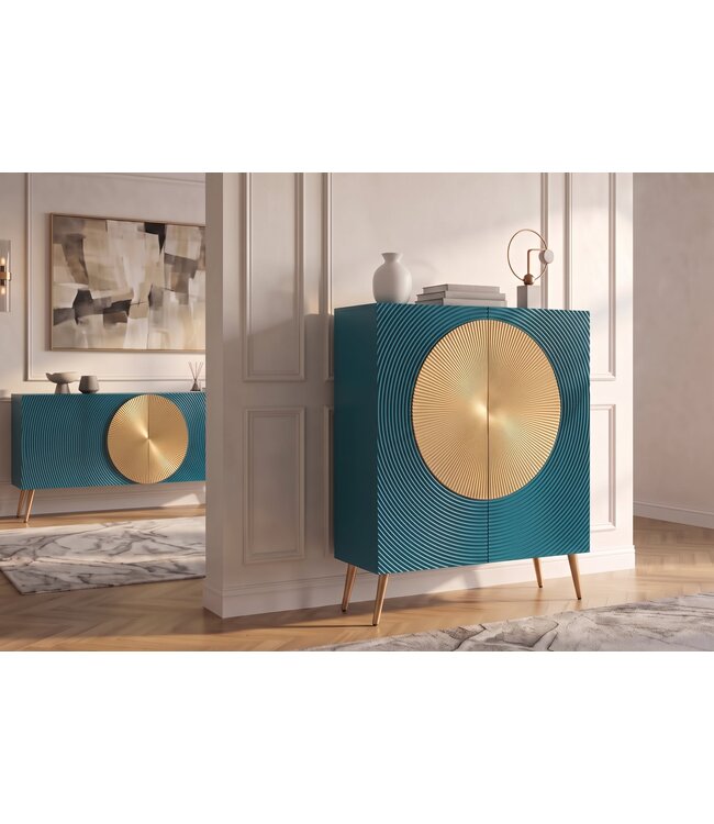 Invicta Interior Highboard AURUM 120cm gestructureerd front goud cirkelaccent turquoise mangowood gouden metalen poten - 49594