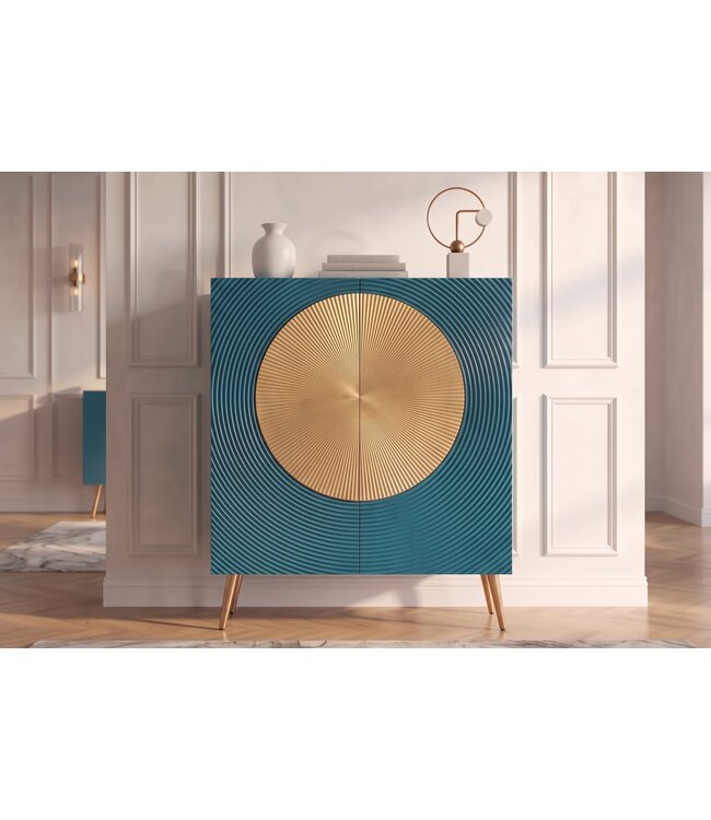 Invicta Interior Highboard AURUM 120cm gestructureerd front goud cirkelaccent turquoise mangowood gouden metalen poten - 49594