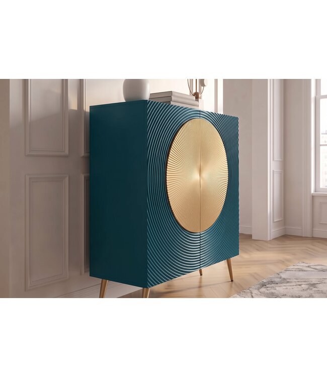 Invicta Interior Highboard AURUM 120cm gestructureerd front goud cirkelaccent turquoise mangowood gouden metalen poten - 49594