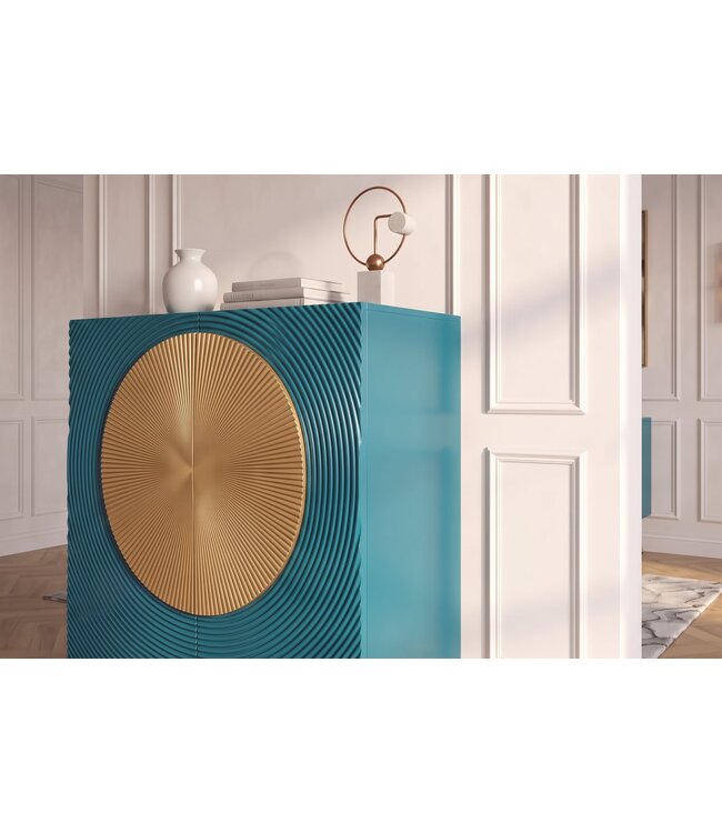 Invicta Interior Highboard AURUM 120cm gestructureerd front goud cirkelaccent turquoise mangowood gouden metalen poten - 49594