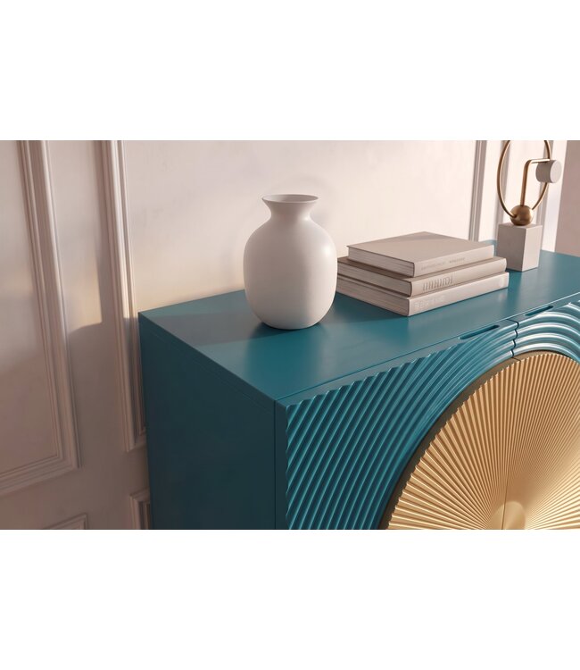 Invicta Interior Highboard AURUM 120cm gestructureerd front goud cirkelaccent turquoise mangowood gouden metalen poten - 49594