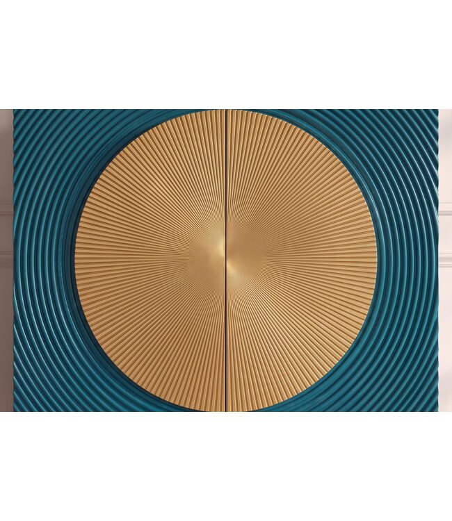 Invicta Interior Highboard AURUM 120cm gestructureerd front goud cirkelaccent turquoise mangowood gouden metalen poten - 49594