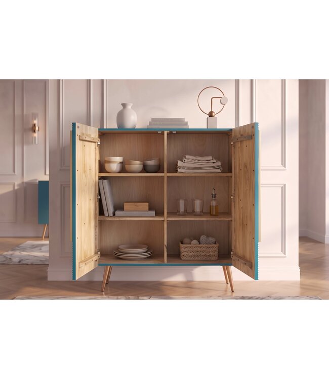 Invicta Interior Highboard AURUM 120cm gestructureerd front goud cirkelaccent turquoise mangowood gouden metalen poten - 49594