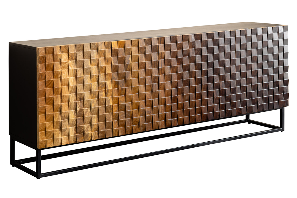 Dressoir SHADES 180cm 3D front mangohout multicolour bruin met zwart metalen frame - 49604