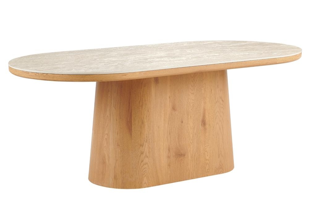 Eettafel UNIQUE 200cm ovaal eikenhout fineer met travertine blad en voetstuk - 70030