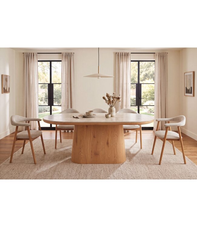 Invicta Interior Eettafel UNIQUE 200cm ovaal eikenhout fineer met travertine blad en voetstuk - 70030