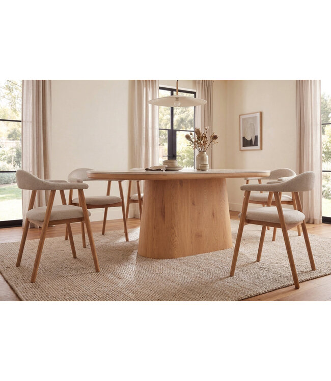 Invicta Interior Eettafel UNIQUE 200cm ovaal eikenhout fineer met travertine blad en voetstuk - 70030