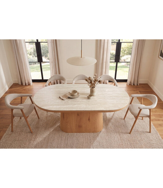 Invicta Interior Eettafel UNIQUE 200cm ovaal eikenhout fineer met travertine blad en voetstuk - 70030