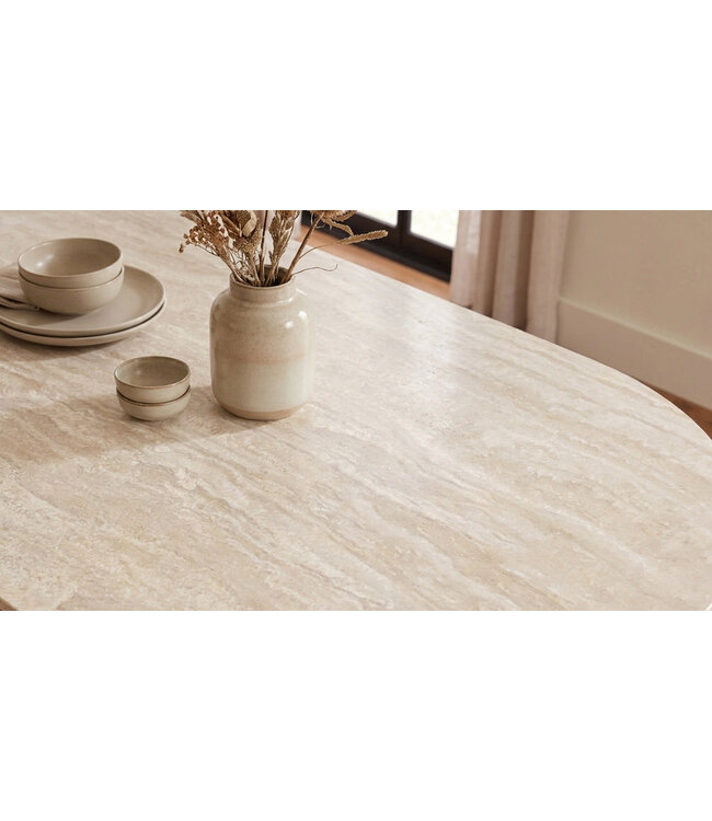 Invicta Interior Eettafel UNIQUE 200cm ovaal eikenhout fineer met travertine blad en voetstuk - 70030