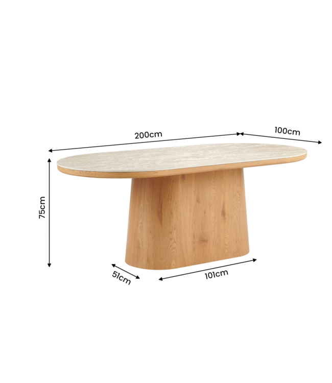 Invicta Interior Eettafel UNIQUE 200cm ovaal eikenhout fineer met travertine blad en voetstuk - 70030