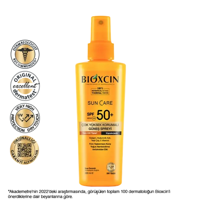 Bioxcin Zonnespray SPF 50  200 ml – Zeer Hoge Bescherming – Met Collageen, Hyaluronzuur, Groene Thee & Vitamine E – Hydraterend & Anti-Aging