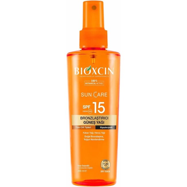 Bioxcin Sonnenöl SPF 15 – 200 ml – Bräunendes Sonnenöl – Mit Kakaobutter & Karottenöl – Natürliche Bräune & Feuchtigkeit – Hypoallergen