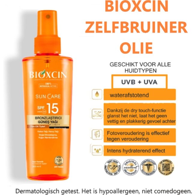 Bioxcin Zonnebrandolie SPF 15 – 200 ml – Bronzende Zonneolie – Met Cacaoboter & Wortelolie – Natuurlijke Bruining & Hydratatie – Hypoallergeen