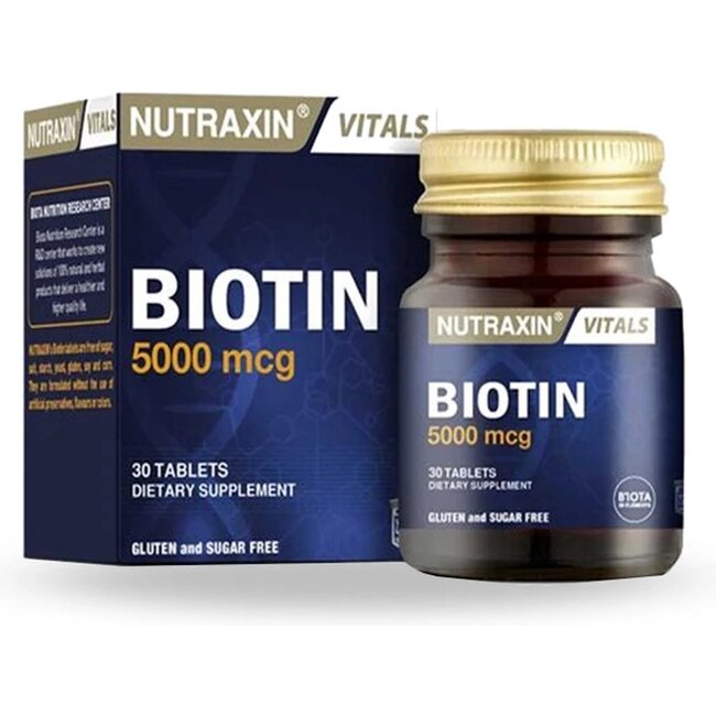Nutraxin Biotine 5000 mcg – 30 Tabletten – Voor Sterk Haar, Huid & Nagels – Energie & Metabolisme
