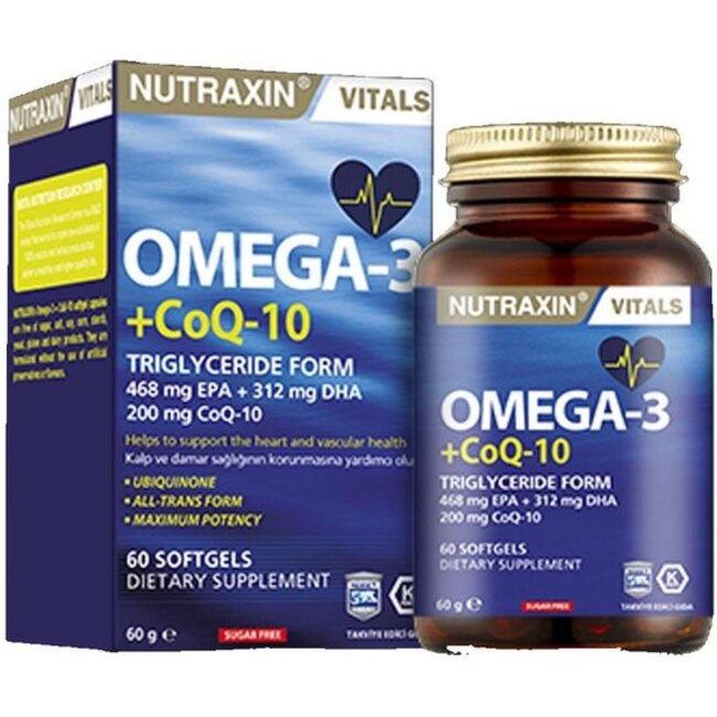 Nutraxin Omega 3 Co-Q10 – Ondersteunt Hart, Hersenen & Energie – 60 Capsules
