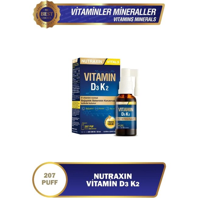 Nutraxin Vitamin D3 + K2 Spray – 30 ml – Für Starke Knochen, Muskeln, Zähne & Immunsystem – Cholecalciferol & Menachinon-7