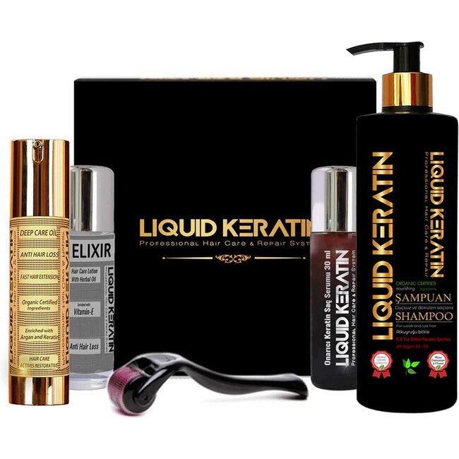 Liquid Keratin Haarverzorgingsset – 5-delig – Shampoo, Keratine Olie, Elixir, Pore Opener & Derma Roller – Tegen Haaruitval & Voor Haargroei