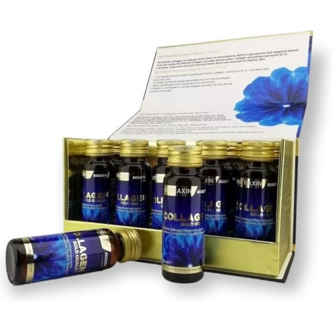Nutraxin Gold Collageen Beauty Shots Plus 10.000 mg – 10×50 ml – Viscollageen, Hyaluronzuur, Co-enzym Q10, Carnitine & Vitamine C – Beauty Supplement