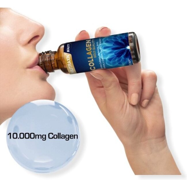 Nutraxin Gold Collagen Beauty Shots Plus 10.000 mg – 10×50 ml – Fischkollagen, Hyaluronsäure, Coenzym Q10, Carnitin & Vitamin C – Beauty Supplement